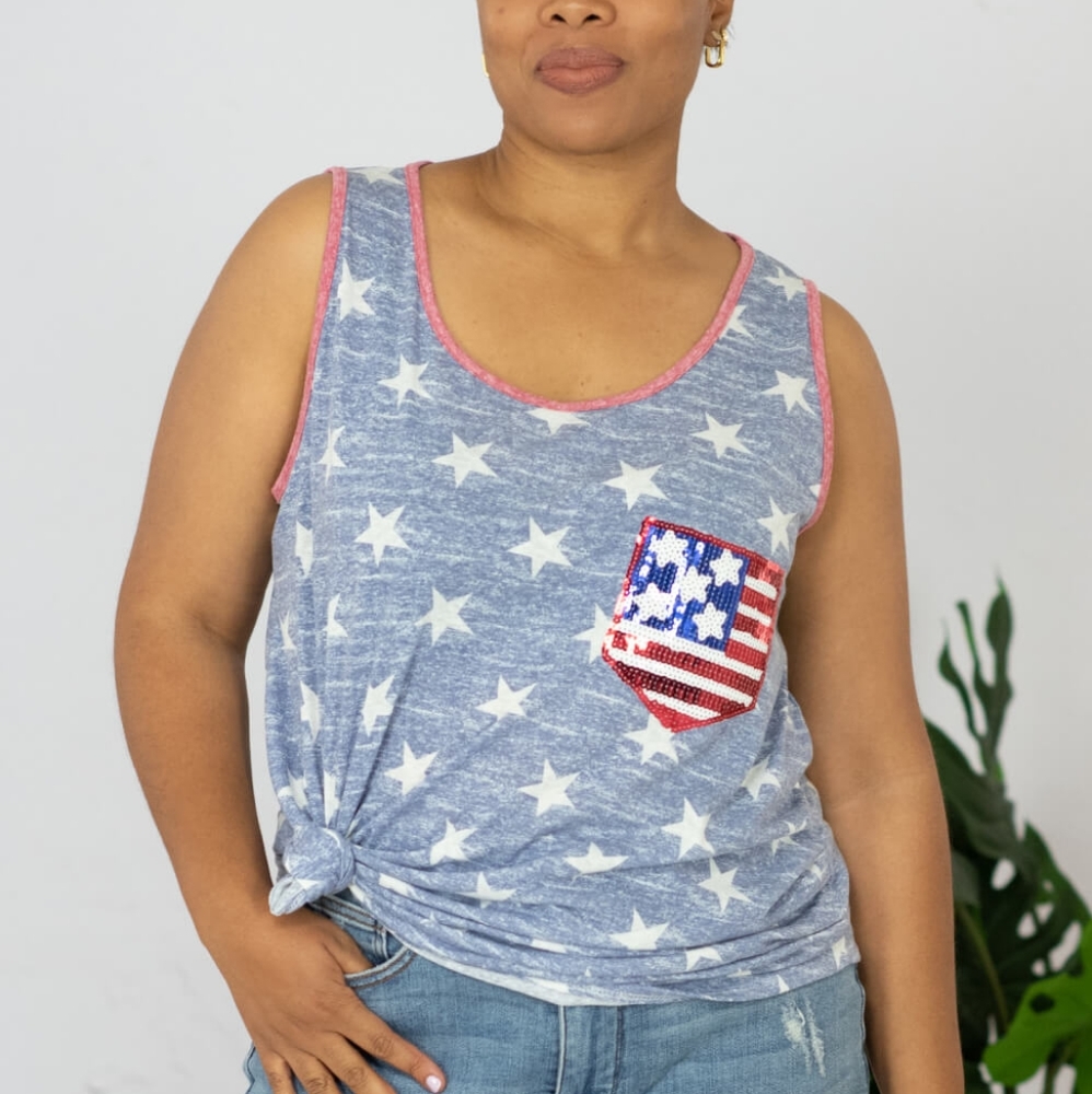 Sequin Pocket Flag Shirt sz Small Patriotic Casual Star Print Tank